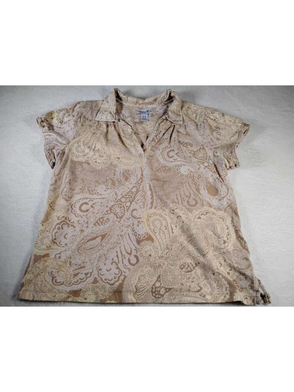Caribbean Joe Womens Top V-Neck Stretch Floral Casual Short Sleeve Size XL Tan